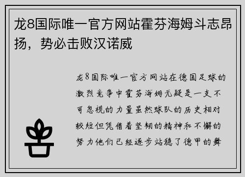 龙8国际唯一官方网站霍芬海姆斗志昂扬，势必击败汉诺威