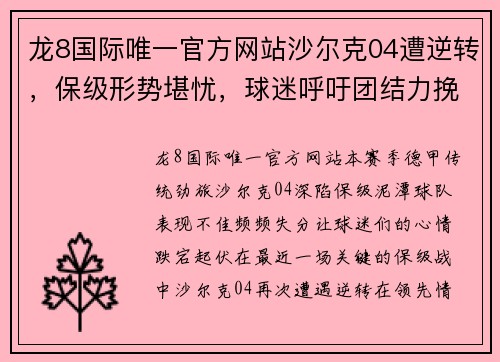 龙8国际唯一官方网站沙尔克04遭逆转，保级形势堪忧，球迷呼吁团结力挽狂澜 - 副本